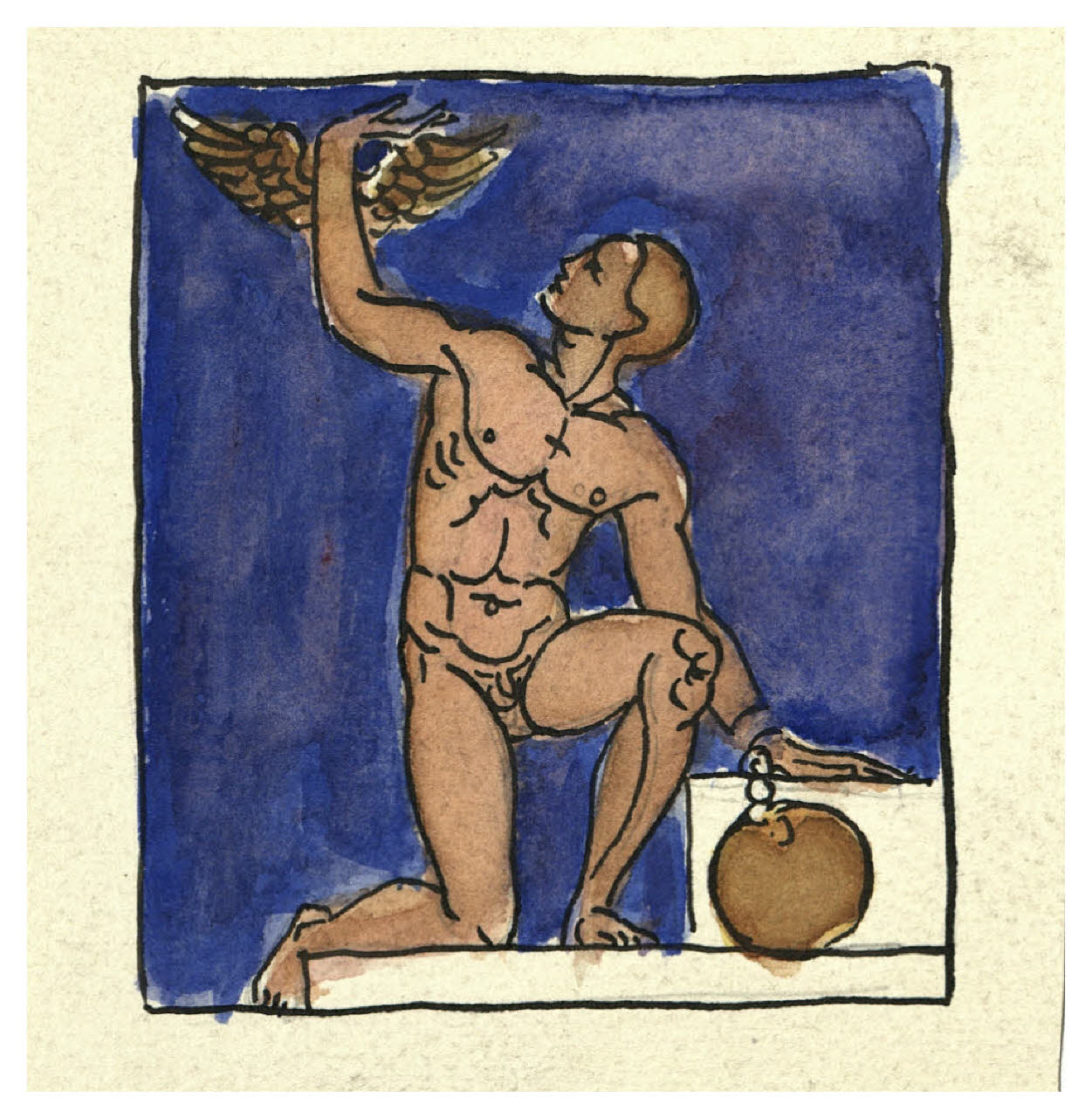 Nudo maschile, una mano è alata, l'altra è tenuta ferma da una catena da carcerato. Studio per illustrazione (disegno) di Disertori, Benvenuto Maria (prima metà sec. XX)