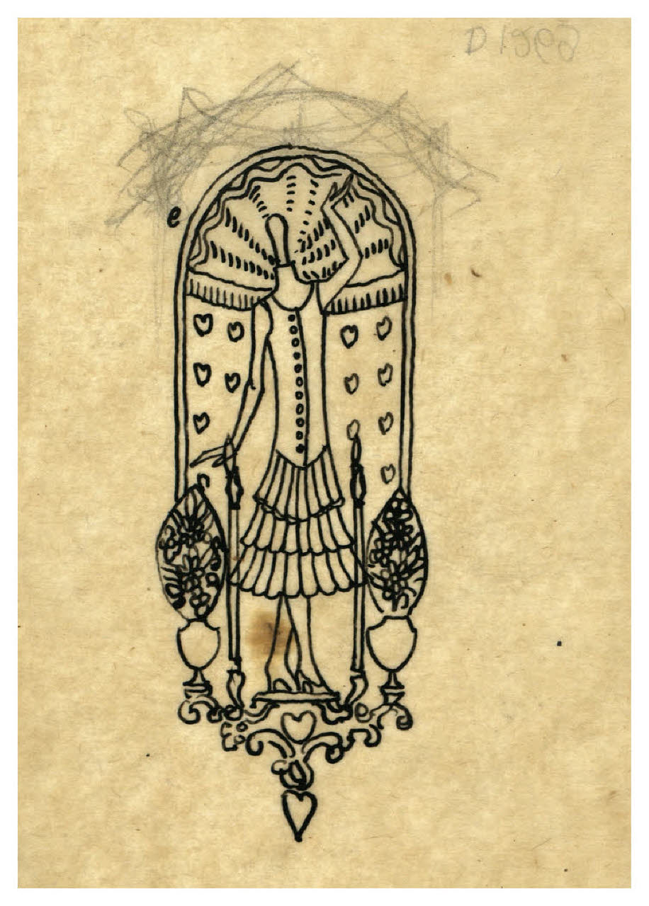 Manichino con abiti femminili entro una nicchia. Studio per illustrazione (disegno) di Disertori, Benvenuto Maria (prima metà sec. XX)