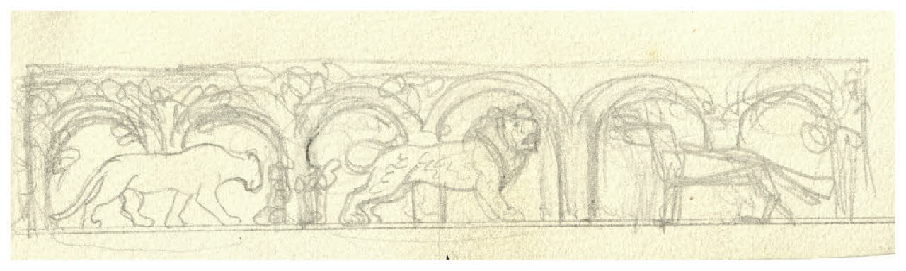 Fregio con leone e leonessa davanti a una fila di archi. Studio per illustrazione (disegno) di Disertori, Benvenuto Maria (prima metà sec. XX)