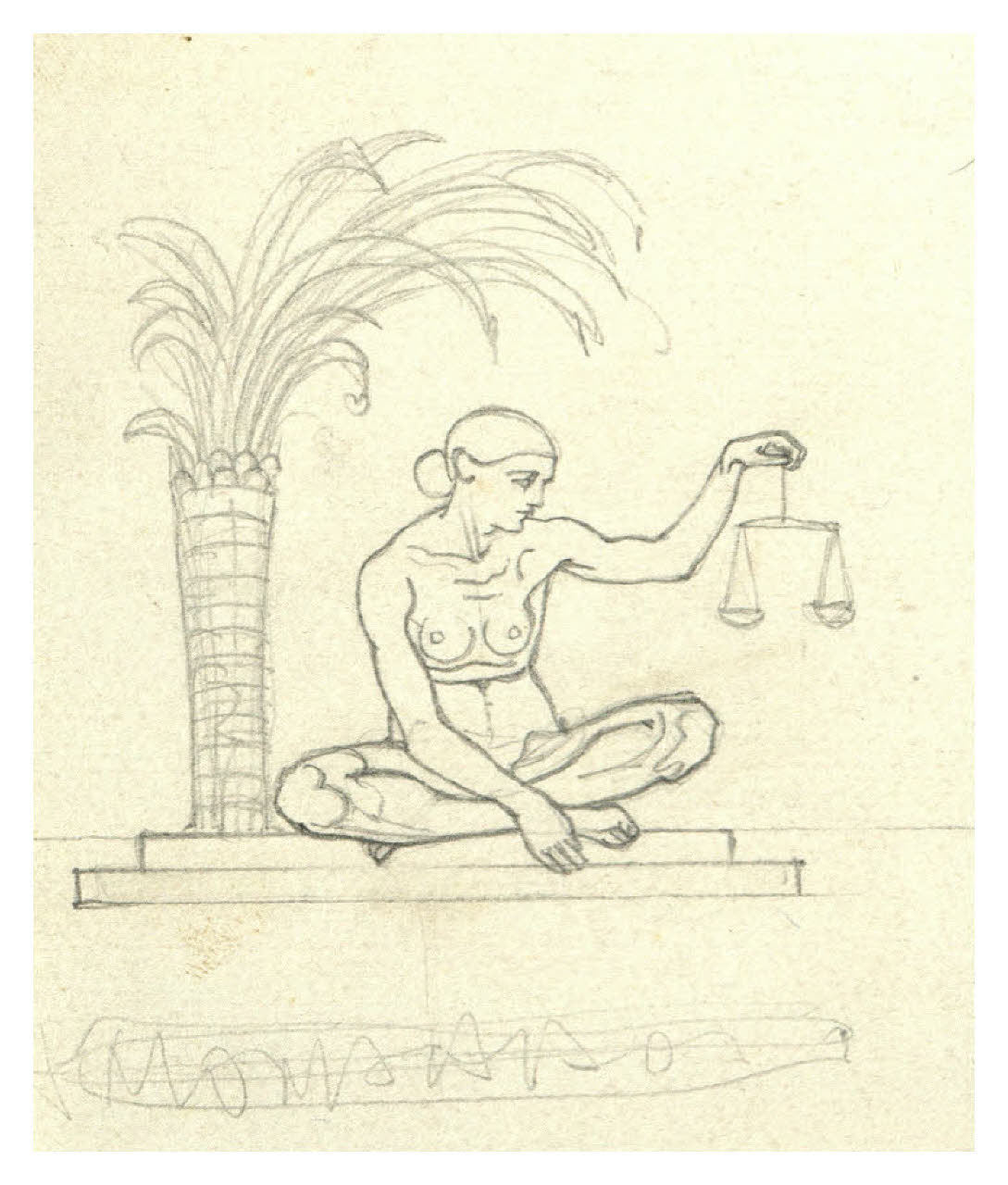 Nudo femminile con in mano una bilancia, seduto ai piedi di una palma. Studio per illustrazione (disegno) di Disertori, Benvenuto Maria (sec. XX)