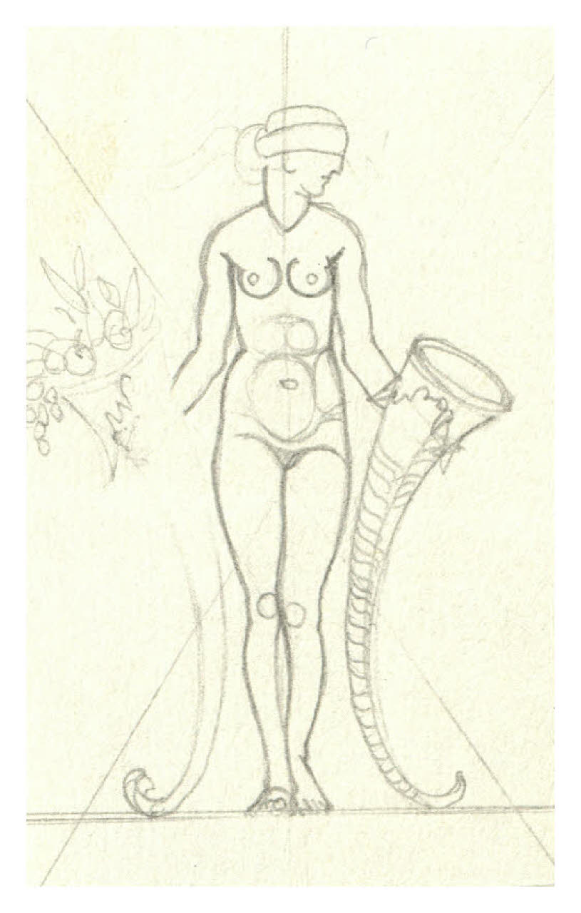 Nudo femminile con gli occhi bendati e due cornucopie (disegno preparatorio per la copertina di Arnaldo Fraccaroli, Il problema centrale, Firenze, Barbera, 1926) (disegno) di Disertori, Benvenuto Maria (sec. XX)