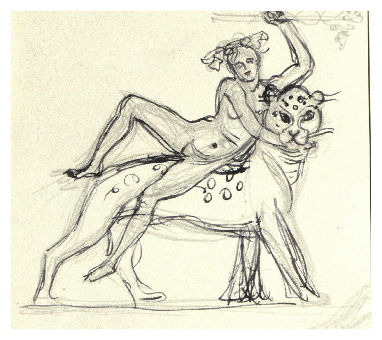 Figura a cavallo di un felino maculato. Studio per testata di Comoedia (disegno) di Disertori, Benvenuto Maria (prima metà sec. XX)