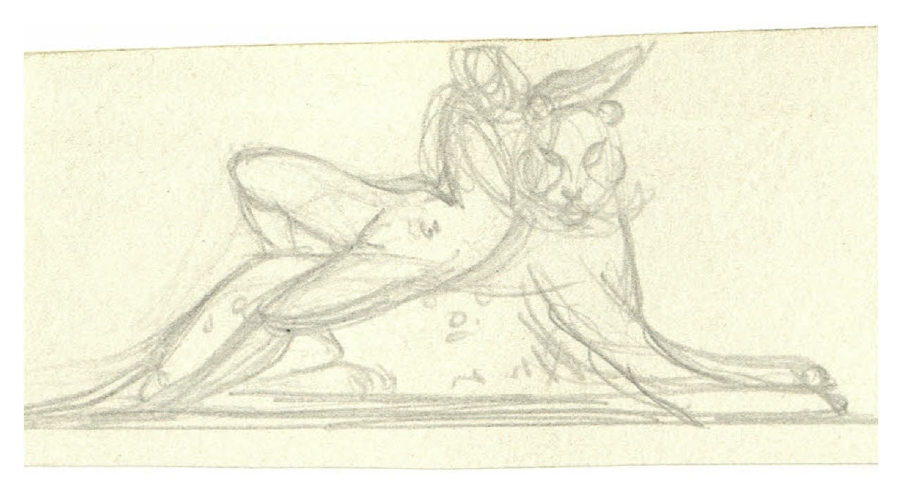 Figura a cavallo di un felino maculato. Studio per testata di Comoedia (disegno) di Disertori, Benvenuto Maria (prima metà sec. XX)