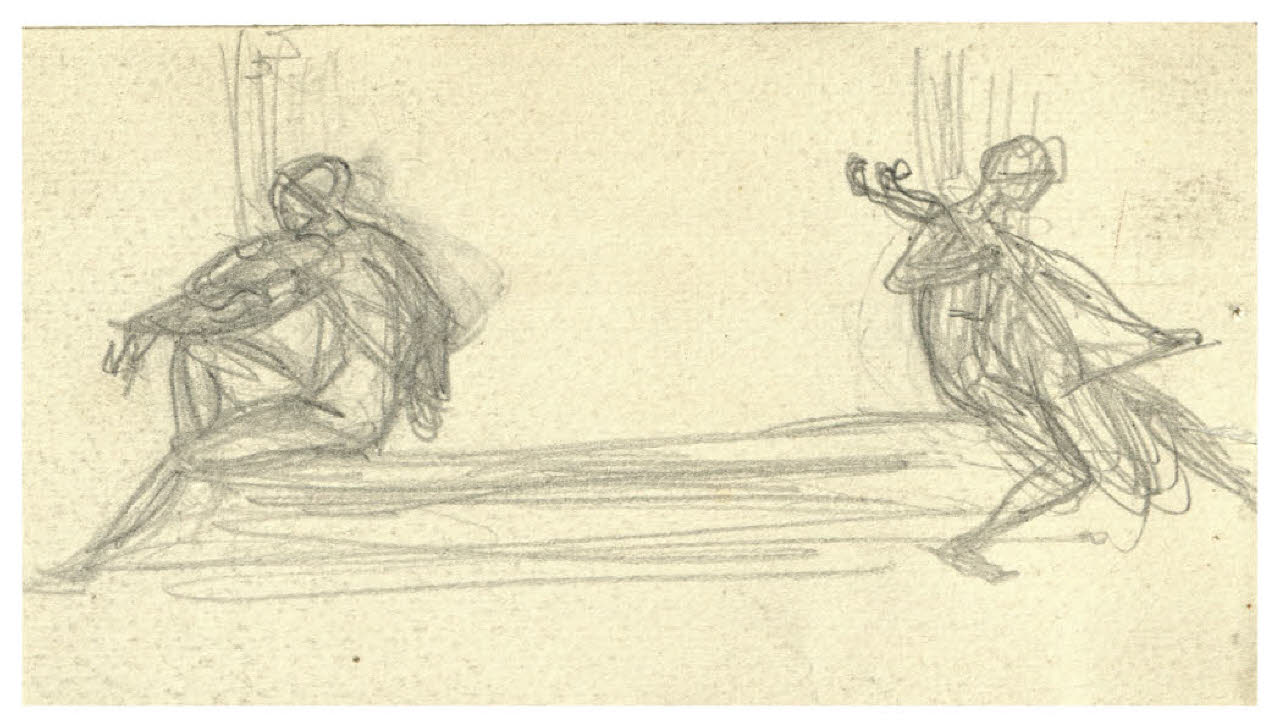 Due figure sedute suonano strumenti a corde (disegno) di Disertori, Benvenuto Maria (prima metà sec. XX)