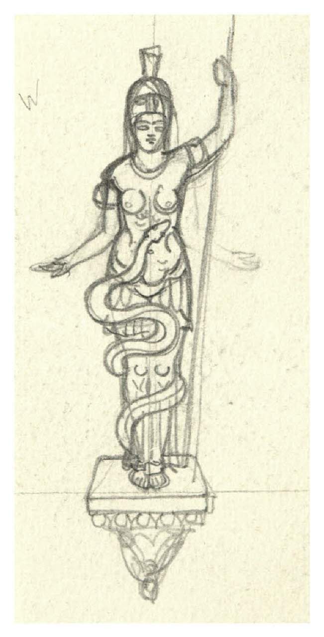 Statua raffigurante una donna tra le spire di un serpente (Minerva?). Studio per illustrazione (disegno) di Disertori, Benvenuto Maria (prima metà sec. XX)