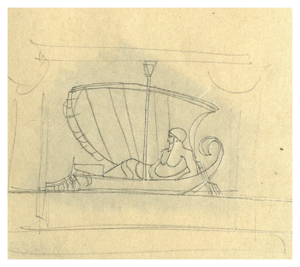 Figura maschile su un'imbarcazione (disegno preparatorio per il finalino dell'Atto terzo di Raffaele Calzini, La tela di Penelope, Roma-Milano, Mondadori, 1922) (disegno) di Disertori, Benvenuto Maria (sec. XX)