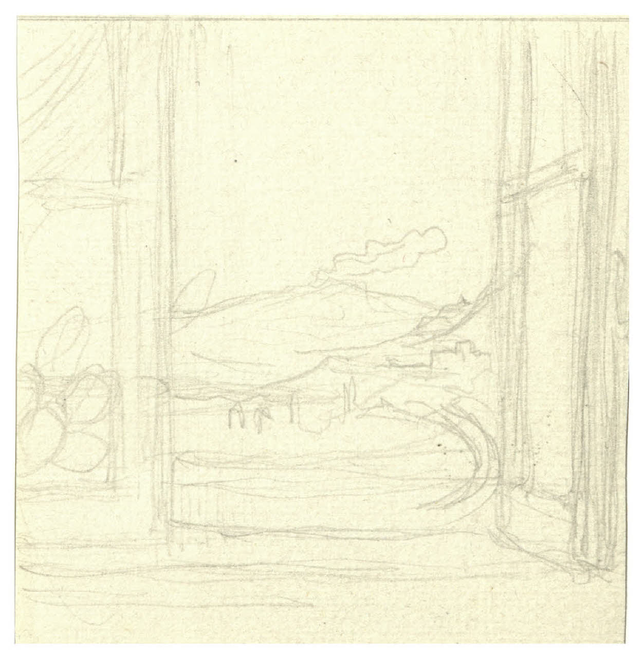 Finestra aperta e paesaggio. Schizzo (disegno) di Disertori, Benvenuto Maria (prima metà sec. XX)