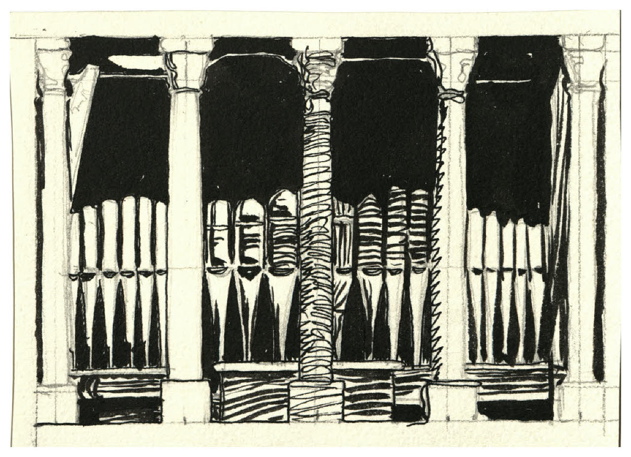 Organo a canne oltre un colonnato. Studio per illustrazione (disegno) di Disertori, Benvenuto Maria (prima metà sec. XX)