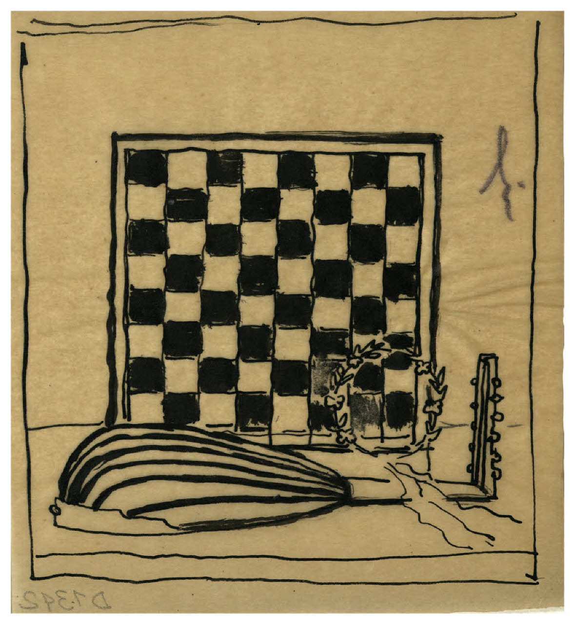 Liuto e scacchiera (disegno) di Disertori, Benvenuto Maria (prima metà sec. XX)