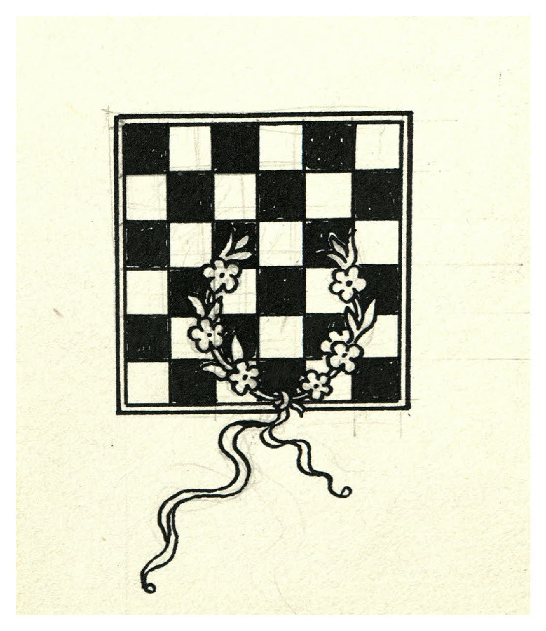 Scacchiera e corona di fiori (disegno) di Disertori, Benvenuto Maria (sec. XX)
