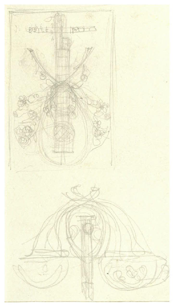 Doppio studio di liuto e cornucopie. Disegno preparatorio per la copertina di Giovacchino Forzano, Madonna Oretta, Firenze, G. Barbera, 1926 (disegno) di Disertori, Benvenuto Maria (sec. XX)