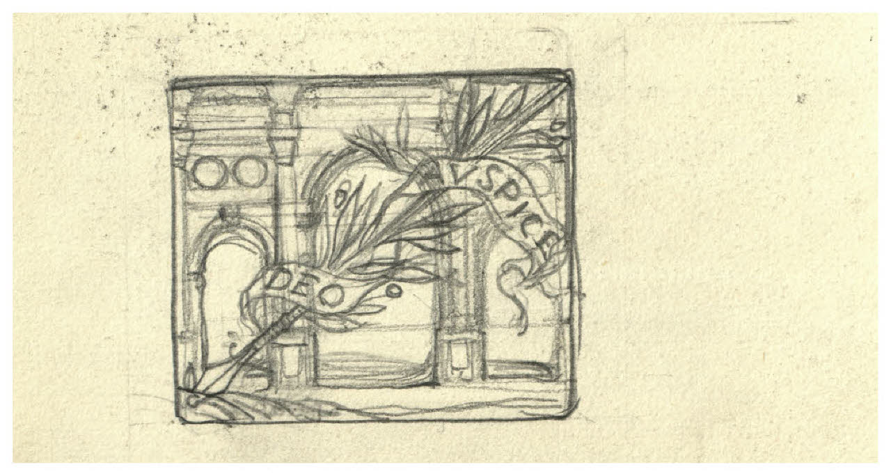 Arco di trionfo e freccia - Auspice Deo (studio per ex libris per Hieronymus de Orno) (disegno) di Disertori, Benvenuto Maria (prima metà sec. XX)