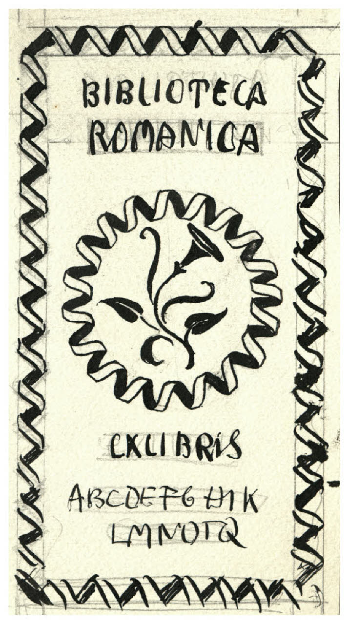 Cornice decorativa e fiore - Biblioteca romantica. Studio per ex libris (disegno) di Disertori, Benvenuto Maria (prima metà sec. XX)