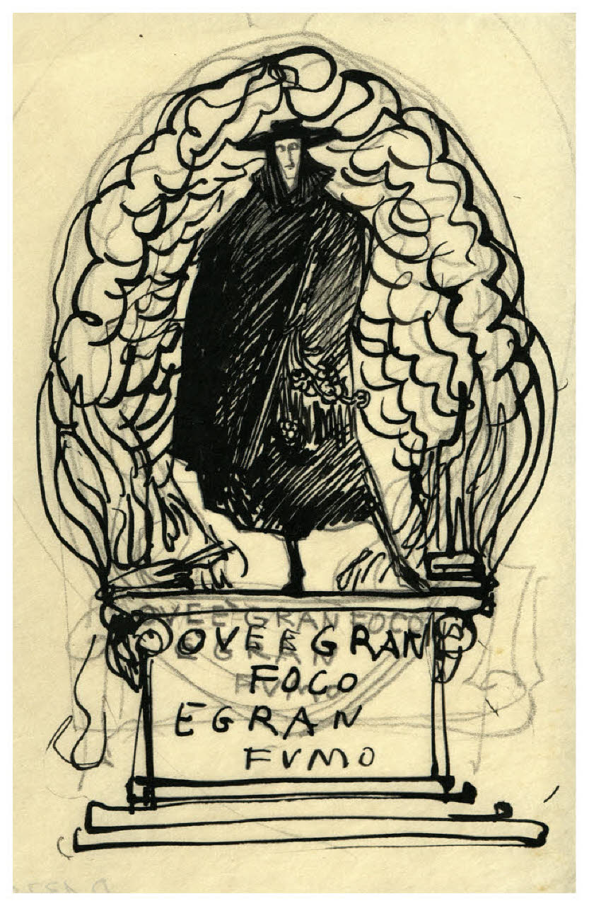 Figura maschile con manto scuro - Ove e gran foco e gran fumo (disegno) di Disertori, Benvenuto Maria (prima metà sec. XX)