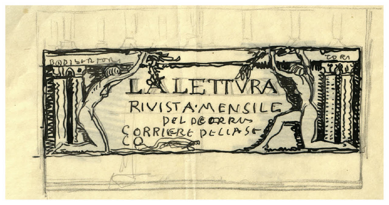 Fregio con due nudi femminili. Studio per testata de La Lettura. Rivista mensile del Corriere della Sera, novembre 1916 (disegno) di Disertori, Benvenuto Maria (sec. XX)