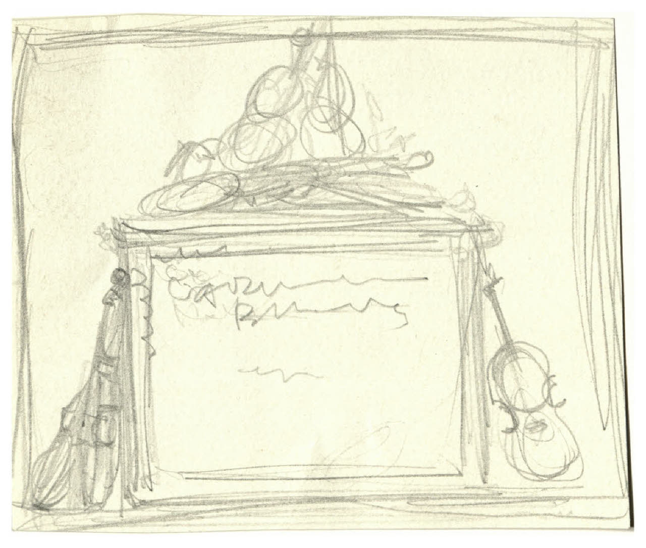 Ara con strumenti musicali. Bozzetto per illustrazione (disegno) di Disertori, Benvenuto Maria (prima metà sec. XX)