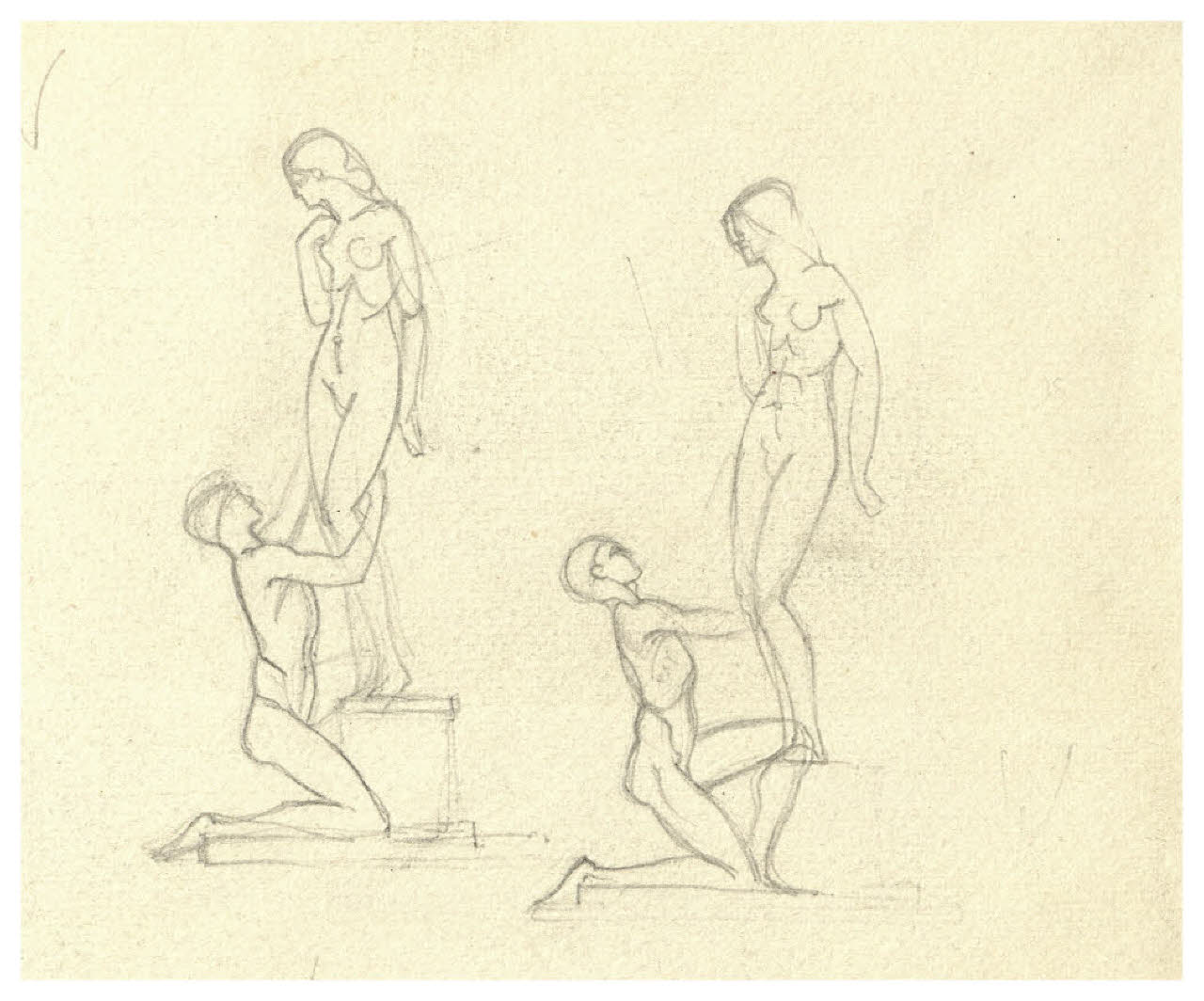 Due figure, una in ginocchio. Doppio disegno preparatorio per la copertina di George Bernard Shaw, Pigmalione, Milano, Mondadori, 1928 (disegno) di Disertori, Benvenuto Maria (sec. XX)