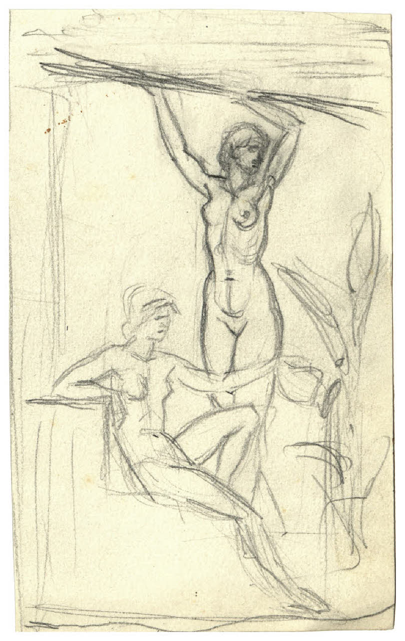 Figura femminile nuda, seduta, mentre annaffia una grande calla e un'altra figura in piedi con le braccia alzate (disegno) di Disertori, Benvenuto Maria (prima metà sec. XX)