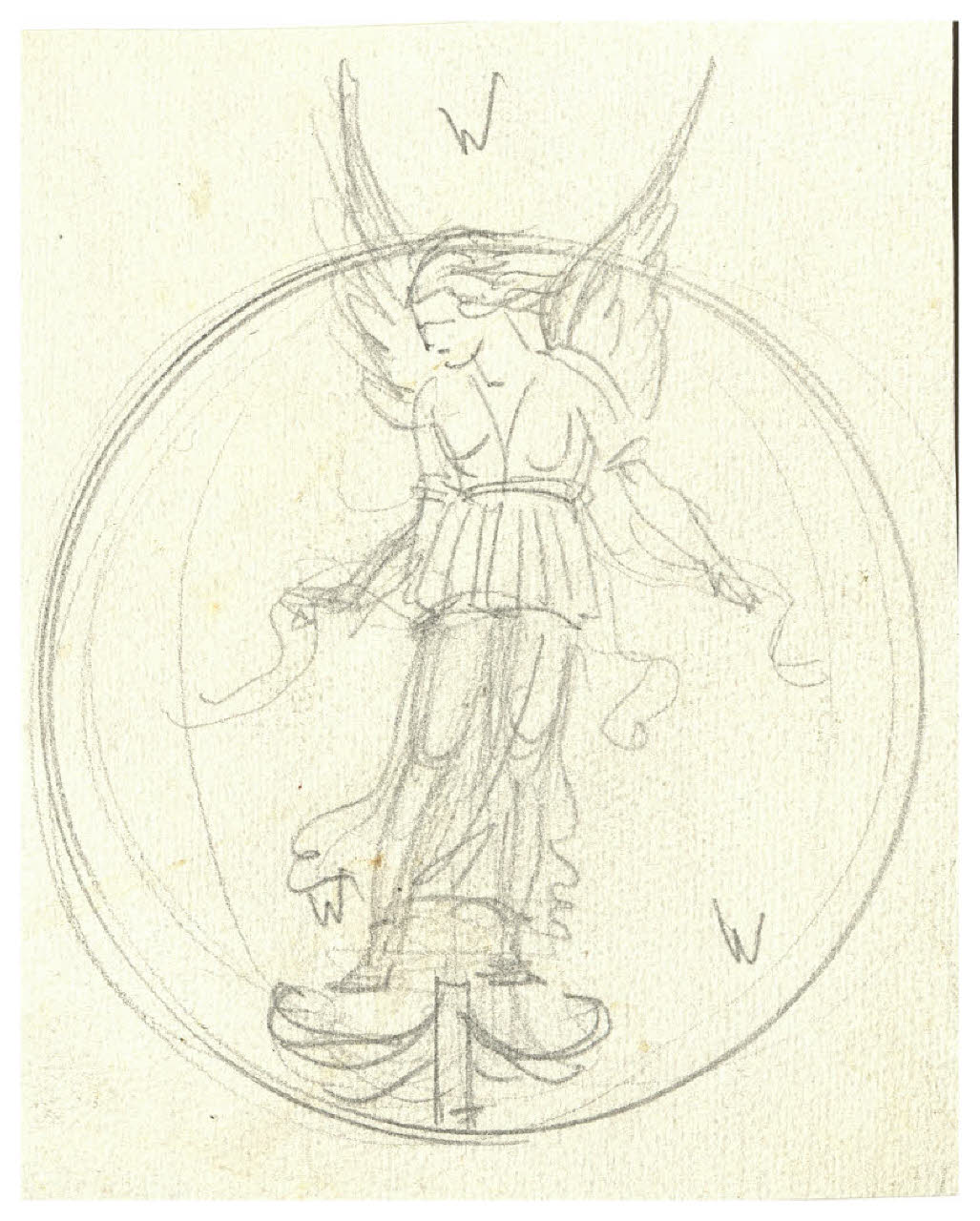 Figura femminile alata in piedi su una barca (disegno) di Disertori, Benvenuto Maria (prima metà sec. XX)