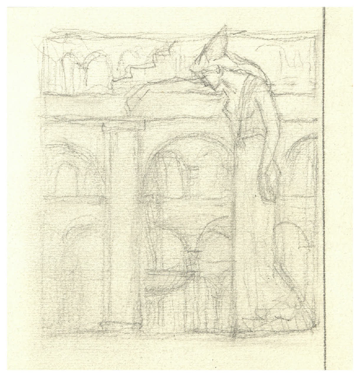Figura femminile e archi (disegno preparatorio per Giovanni Papini, Autoritratti e ritratti, Milano, Mondadori, 1962) (disegno) di Disertori, Benvenuto Maria (sec. XX)