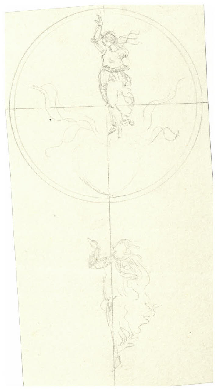 Figura femminile botticelliana sopra un cuore ardente (disegno) di Disertori, Benvenuto Maria (prima metà sec. XX)