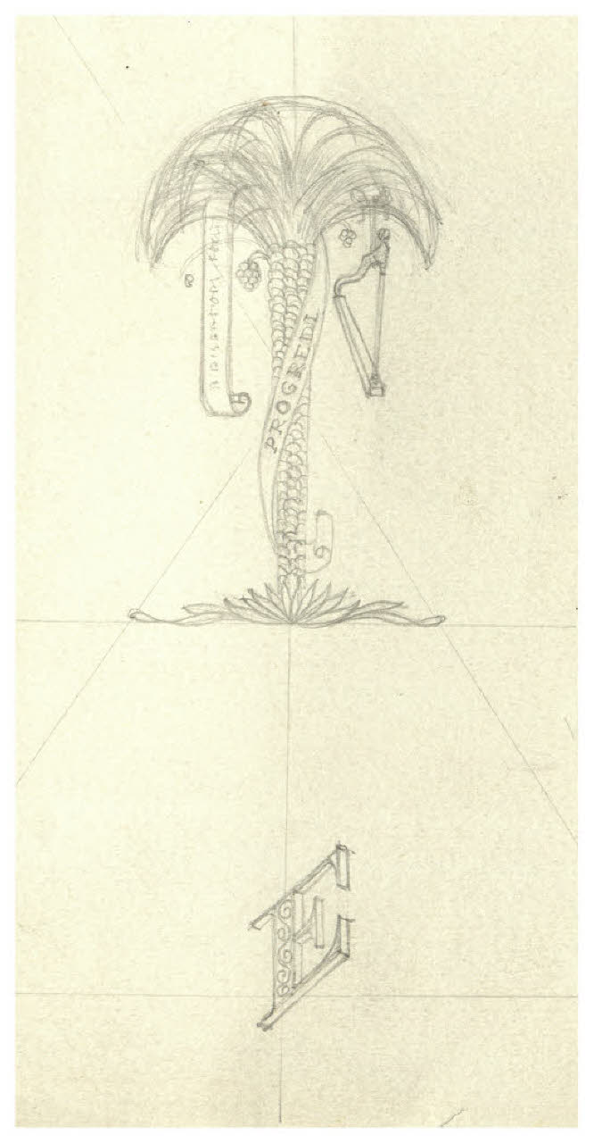 Palma con appesa un'arpa - Progredi; Lettera E. Studi per illustrazione (disegno) di Disertori, Benvenuto Maria (prima metà sec. XX)