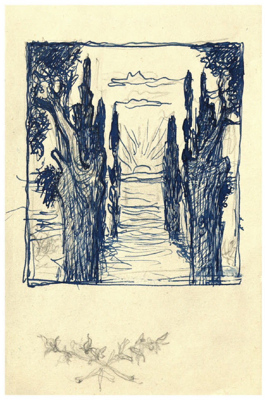 Viale di cipressi e sole (disegno) di Disertori, Benvenuto Maria (prima metà sec. XX)