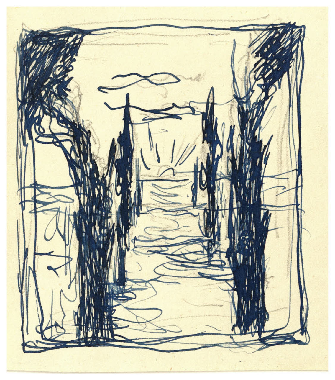 Viale di cipressi e sole (disegno) di Disertori, Benvenuto Maria (prima metà sec. XX)