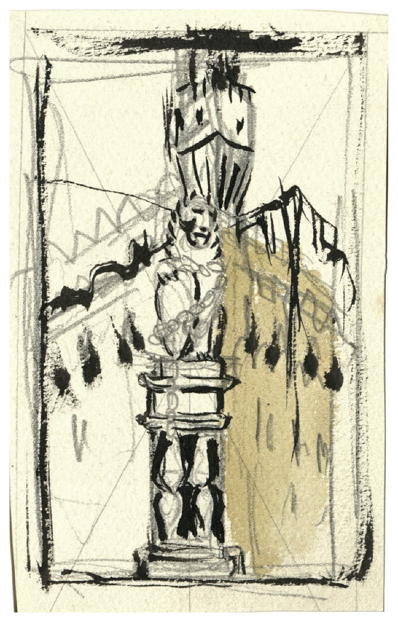 Veduta di Palazzo Vecchio e Marzocco in piazza della Signoria a Firenze. Studio per illustrazione (disegno) di Disertori, Benvenuto Maria (prima metà sec. XX)