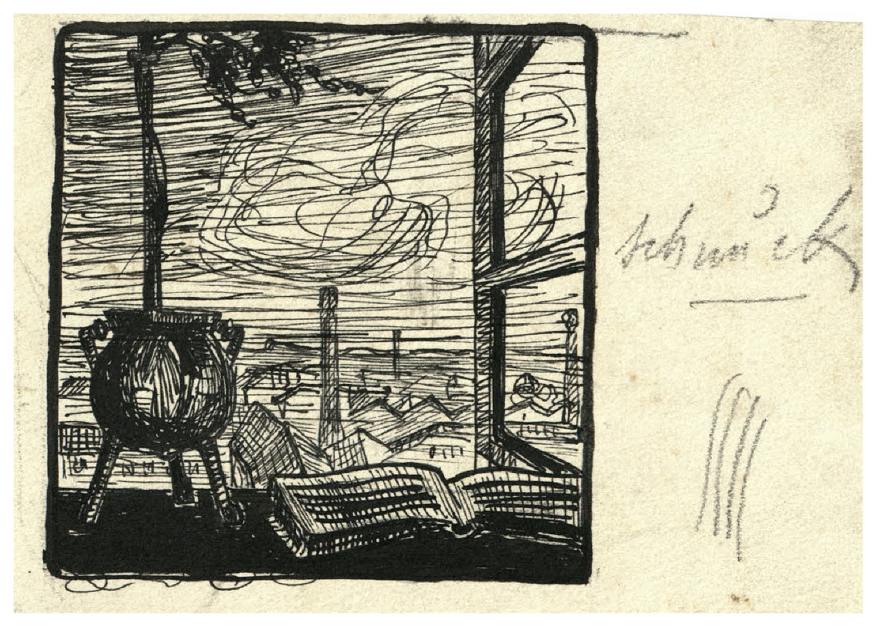 Libro aperto e vaso davanti a una finestra (disegno) di Disertori, Benvenuto Maria (prima metà sec. XX)