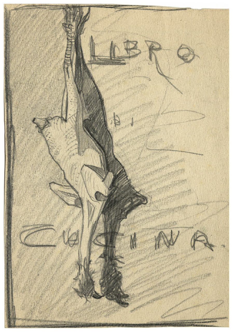 Pollo spennato appeso - Libro di cucina (disegno) di Disertori, Benvenuto Maria (prima metà sec. XX)