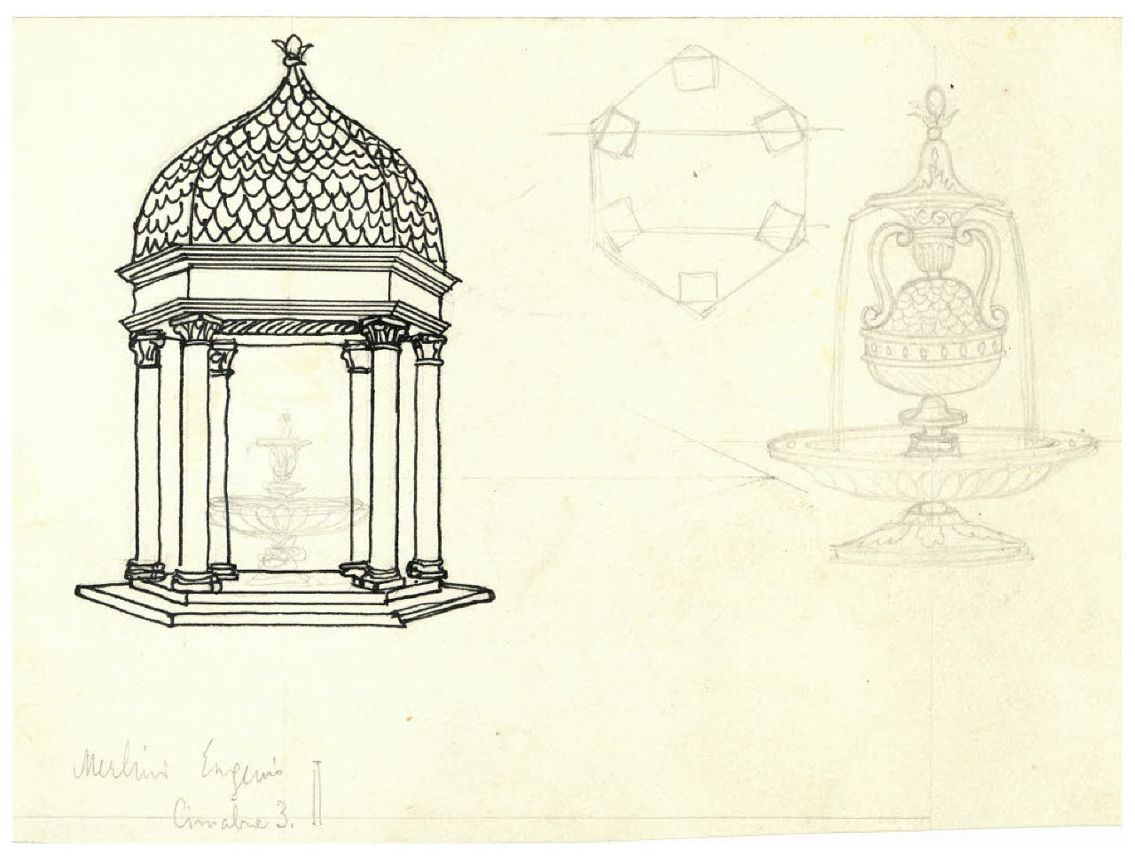 Tempietto; Fontana (disegno) di Disertori, Benvenuto Maria (prima metà sec. XX)