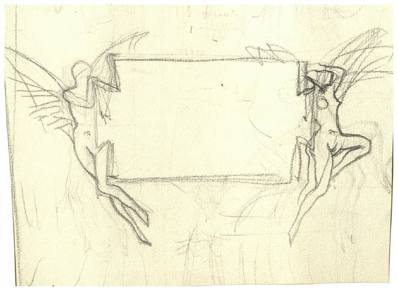 Due fate in volo che reggono una targa vuota (disegno) di Disertori, Benvenuto Maria (prima metà sec. XX)