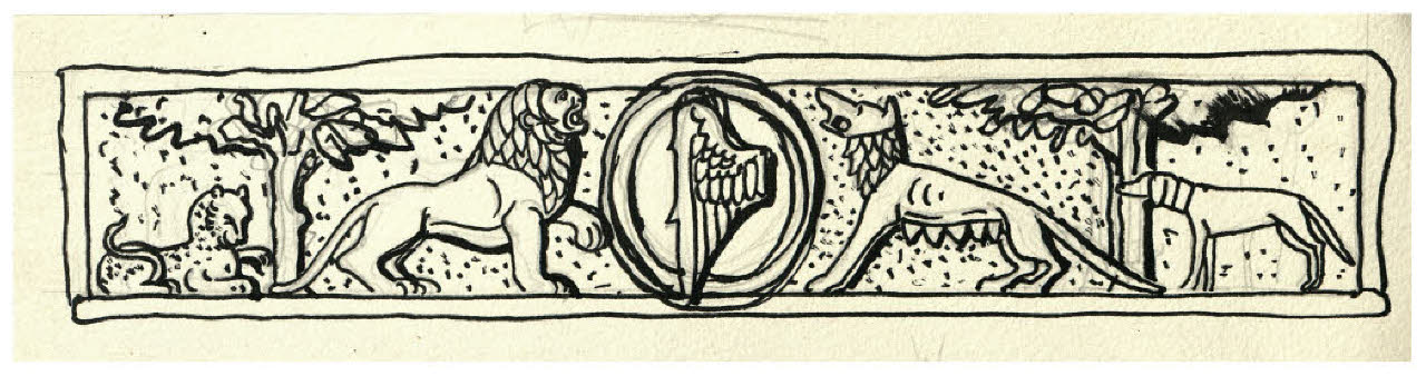 Fregio con quattro fiere, tra cui un leone e una lupa, al centro stemma con un'ala. Studio per testata del Canto I della Divina Commedia (disegno) di Disertori, Benvenuto Maria (prima metà sec. XX)