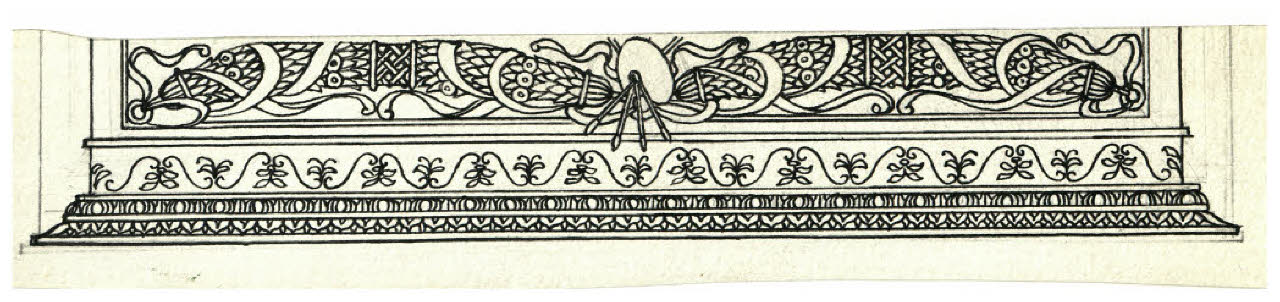 Fregio con tavolozza. Disegno preparatorio per un frontespizio architettonico, frammento (disegno) di Disertori, Benvenuto Maria (prima metà sec. XX)