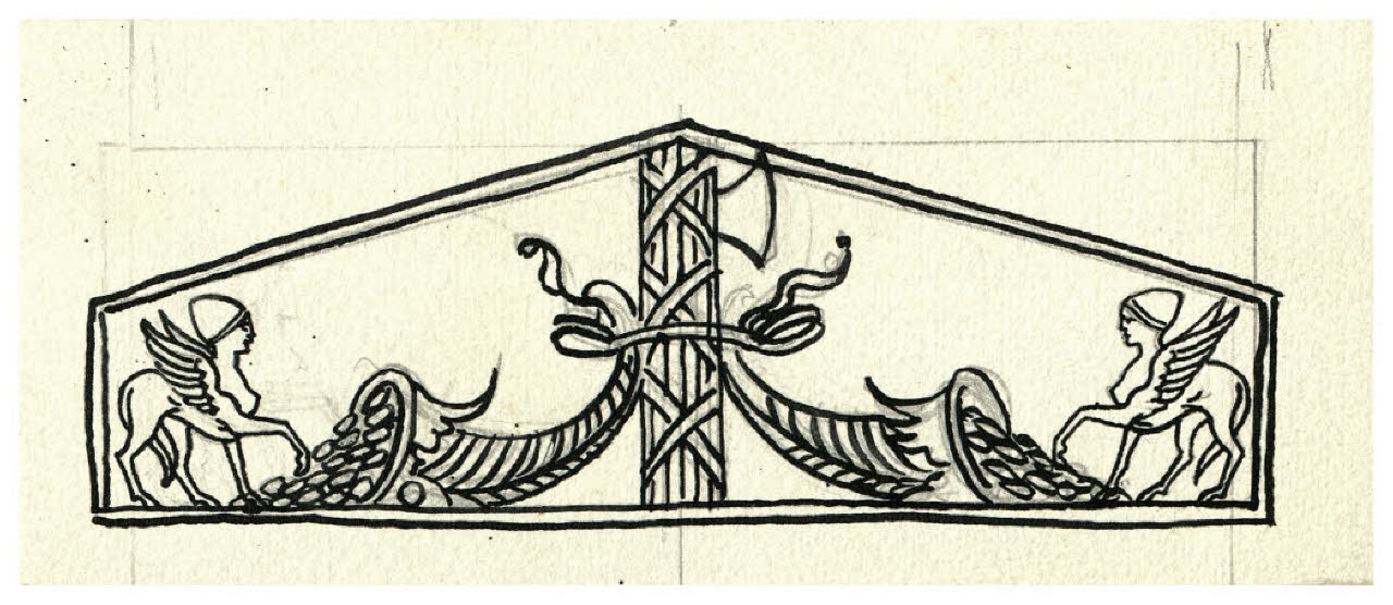 Due sfingi, due cornucopie e un fascio littorio. Disegno preparatorio per illustrazione (disegno) di Disertori, Benvenuto Maria (prima metà sec. XX)