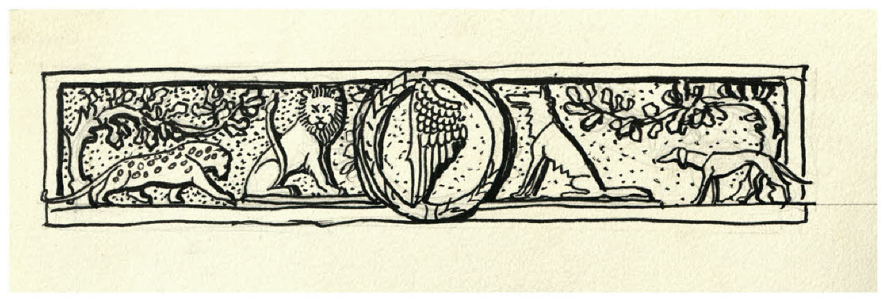 Fregio con quattro fiere, tra cui un leone e una lupa, al centro stemma con un'ala. Studio per testata del Canto I della Divina Commedia (disegno) di Disertori, Benvenuto Maria (prima metà sec. XX)