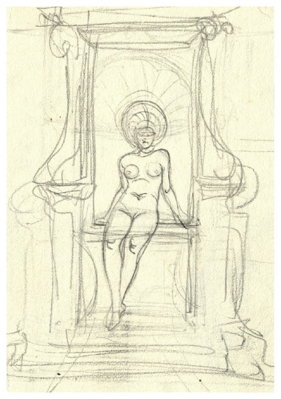 Figura femminile nuda su un trono (disegno) di Disertori, Benvenuto Maria (prima metà sec. XX)