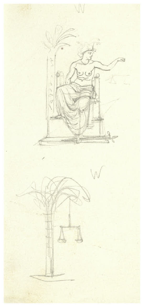 Figura femminile con una bilancia (Giustizia?) seduta accanto a una palma; Bilancia appesa al ramo di una palma (disegno) di Disertori, Benvenuto Maria (prima metà sec. XX)