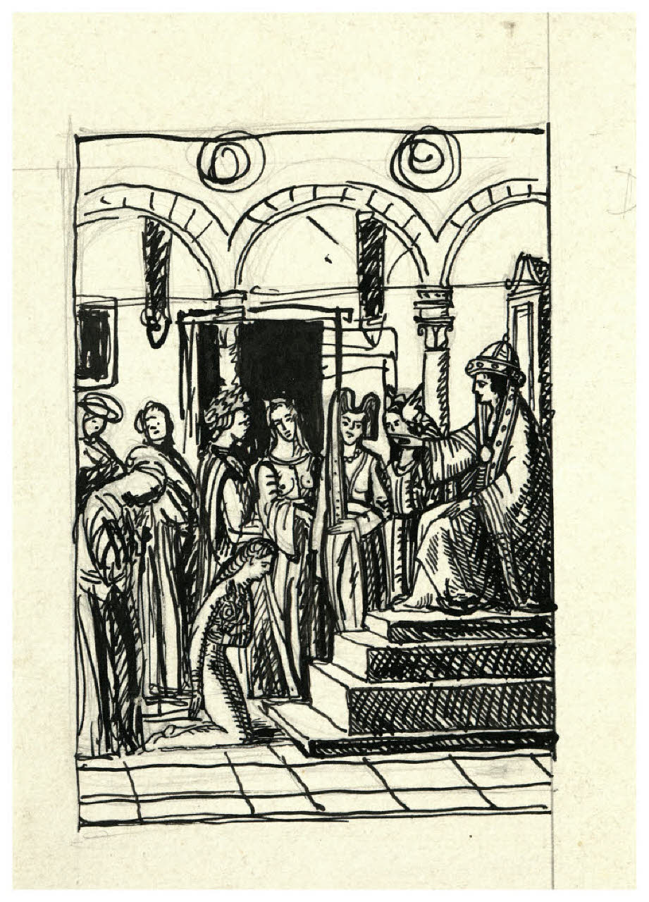 Scena con figure in costume medioevale. Studio per illustrazione (disegno) di Disertori, Benvenuto Maria (prima metà sec. XX)