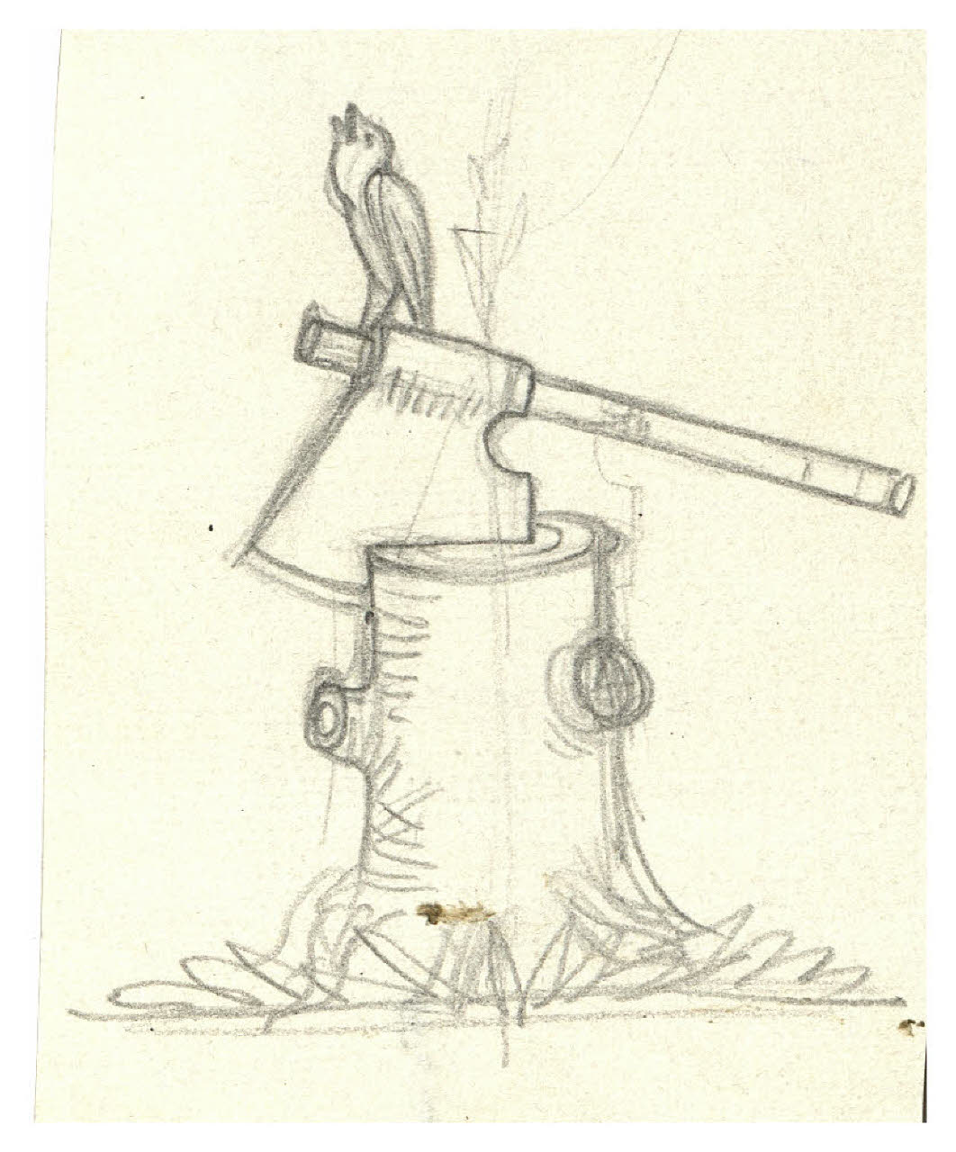 Ascia piantata in un ceppo (disegno preparatorio per la copertina di Massimo Gorki, I barbari. Pifferi di montagna, Milano, Mondadori, 1926) (disegno) di Disertori, Benvenuto Maria (sec. XX)