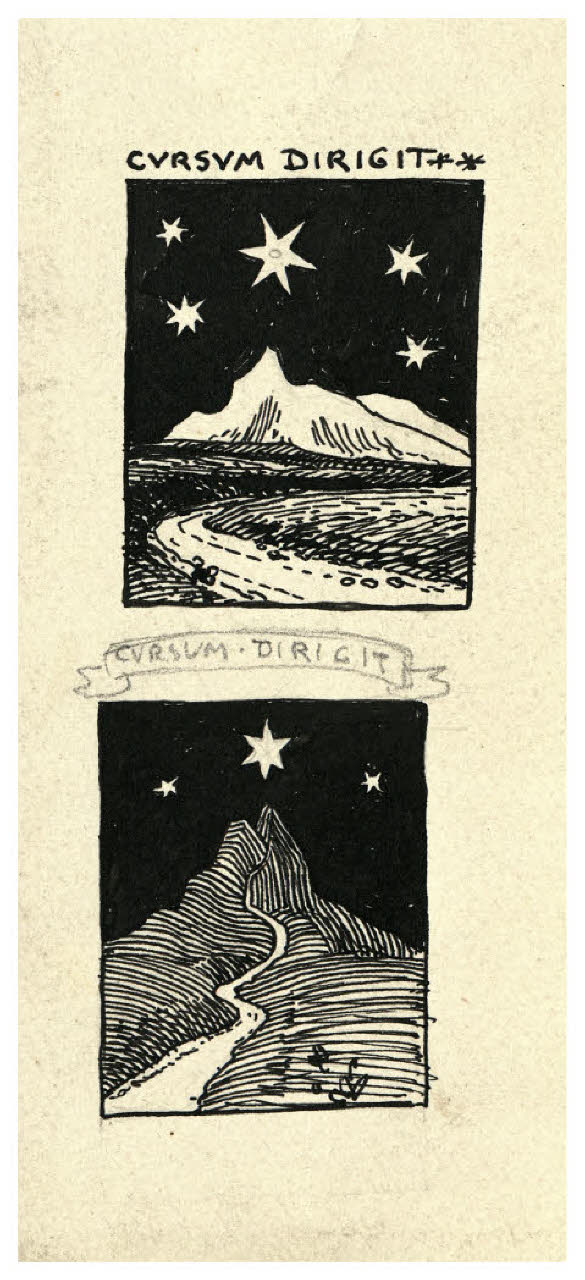 Due vignette con cielo stellato - Cursum dirigit (disegno) di Disertori, Benvenuto Maria (prima metà sec. XX)