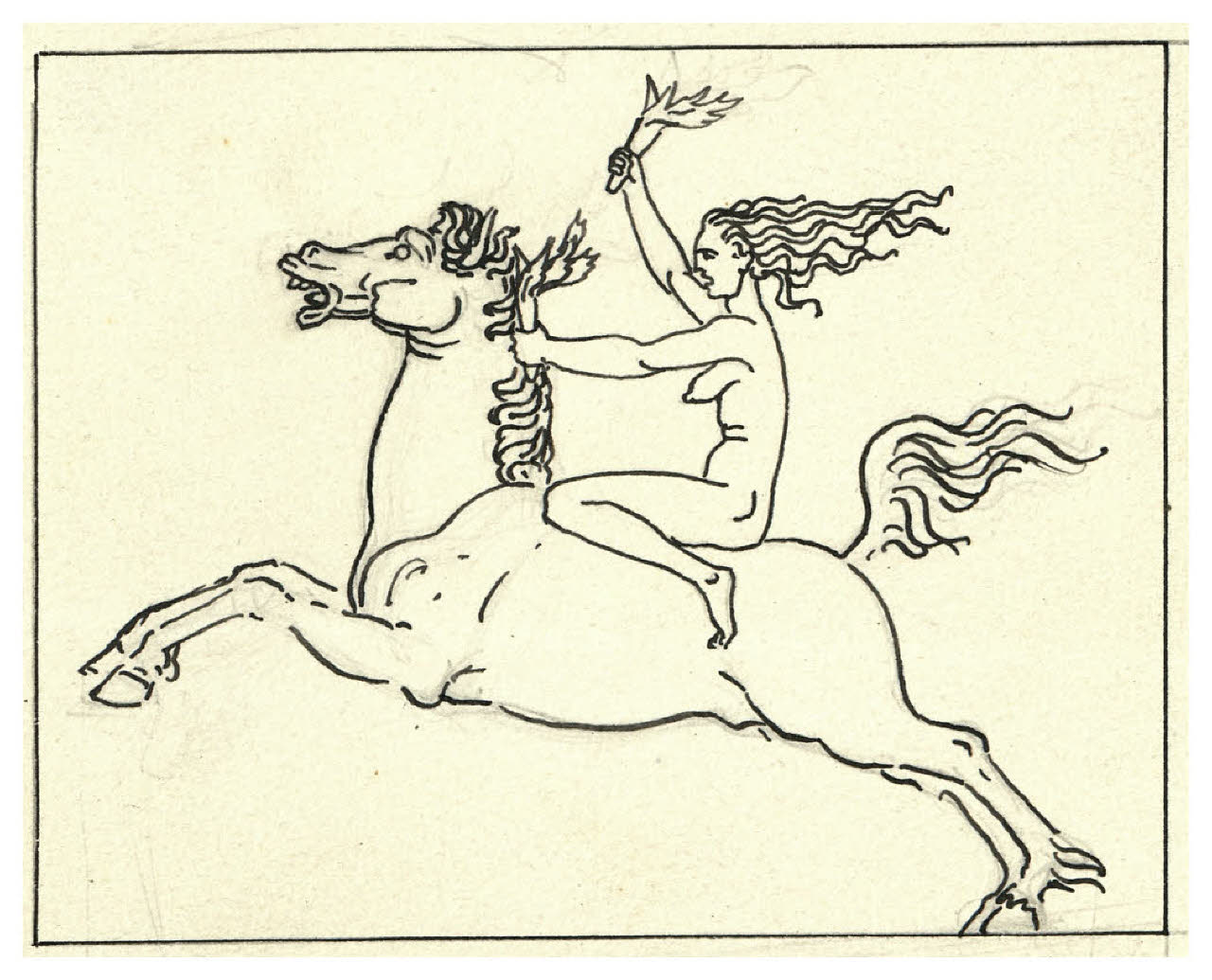 Donna nuda a cavallo con in mano una fiaccola (studio per illustrazione) (disegno) di Disertori, Benvenuto Maria (prima metà sec. XX)