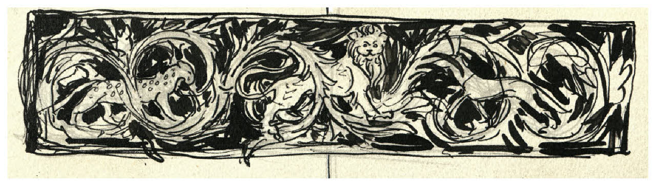 Fregio con tre felini tra racemi. Studio per illustrazione (disegno) di Disertori, Benvenuto Maria (prima metà sec. XX)