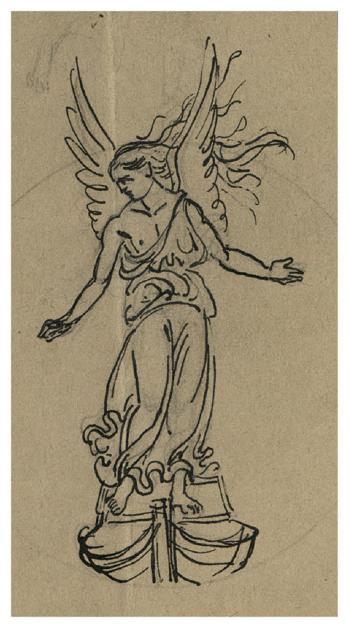 Figura femminile alata in piedi su una barca (disegno) di Disertori, Benvenuto Maria (prima metà sec. XX)