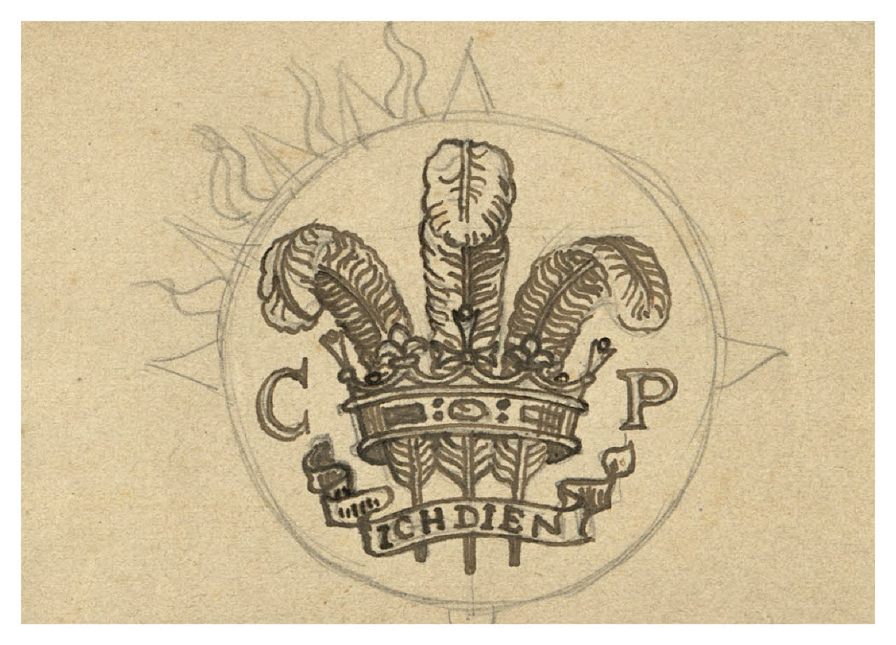 Impresa con corona, tre piume e il motto Ich dien (=io servo), e le iniziali C P (disegno) di Disertori, Benvenuto Maria (prima metà sec. XX)