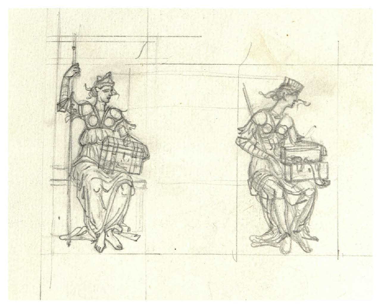 Due studi di figura femminile seduta, con in grembo uno scrigno (disegno) di Disertori, Benvenuto Maria (prima metà sec. XX)