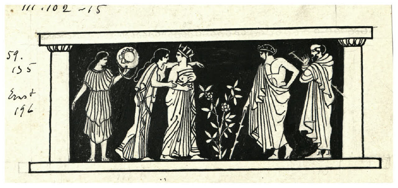 Scena antica (disegno preparatorio per il fregio all'inizio dell'Atto primo di Raffaele Calzini, La tela di Penelope, Roma-Milano, Mondadori, 1922) (disegno) di Disertori, Benvenuto Maria (sec. XX)