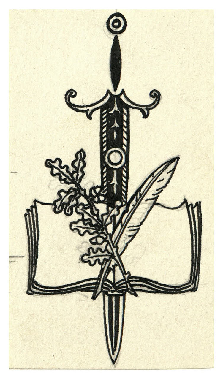 Spada, libro, piuma e ramo. Studio per illustrazione (disegno) di Disertori, Benvenuto Maria (prima metà sec. XX)