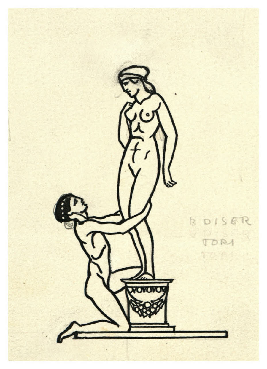 Due figure, una in ginocchio. Disegno preparatorio per la copertina di George Bernard Shaw, Pigmalione, Milano, Mondadori, 1928 (disegno) di Disertori, Benvenuto Maria (sec. XX)
